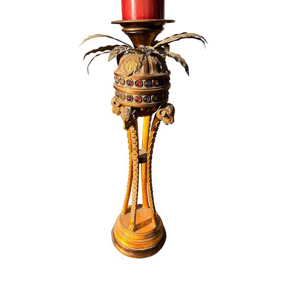 Pier 1 Gilt Metal Palm Tree Candle Holder Gemstone Accents Vintage Rams Head 22